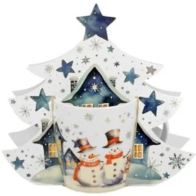 Karácsonyi hóemberes porcelán bögre fenyőfa díszcsomagolásban Snowman