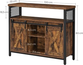 Komód elhúzható ajtókkal és nyitott polcokkal, rusztikus barna 100x33x80cm