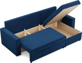 Zeus sarokkanapé, 2 ágyneműtartóval, egyenes kartámasz, bársony, univerzális oldal, bonell töltet, kék