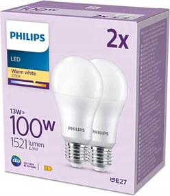 2 db-os Led izzó szett E27 A67 13W 100W 1521lm 2700K Meleg 150° Philips