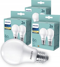 6x Led izzó E27 A60 8W 60W 806lm 2700K Meleg tejes Philips