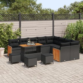 13 darabos kert sofa szett párnákkal fekete poli rattan akáciával, 4 darabos kert étkező szett párnákkal fekete poli rattan akáciával