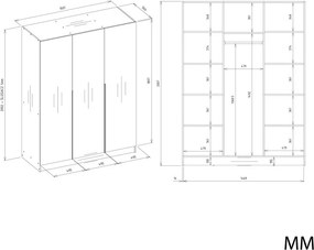 Senso 3D gardróbszekrény, 150 cm, 3 ajtó, arany fogantyúk, kasmír