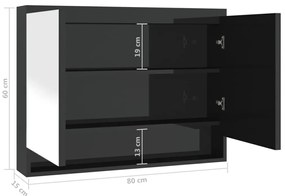 fényes fekete MDF tükrös fürdőszobaszekrény 80 x 15 x 60 cm