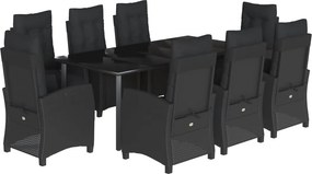 vidaXL 9 részes fekete polyrattan kerti étkezőgarnitúra párnákkal