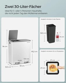 Szemetes,15 szemeteszsákkal, 2 rekesszel, műanyag belső vödrökkel és csukható fedelekkel, légmentesen záródó, fehér/ szürke