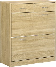 HOMCOM Keskeny Cipőszekrény Cipőtároló Szervező 2 Lehajtható Fiókkal és 2 Kivehető Fiókkal 12 Pár Cipő számára Előszobába 80x30x91,5 cm Tölgy | Aosom