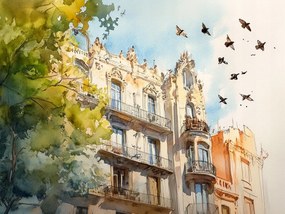 Vászonkép Canvas Barcelona Bérház Madarak Akvarell Modernizmus 80x60