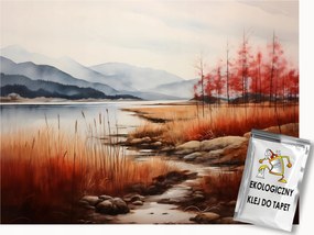 Fotótapéta Flizelina Tájkép Folyó Part Hegyek Fű Ősz Köd 300x210 ragasztó