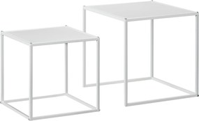 HOMCOM Négyzet alakú kávézóasztal 2 darabos szett, modern tervezésű mellékasztal, acélkeret, rakásolható, kávézóasztal nappaliba és hálószobába, Fehér