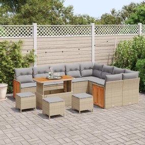 13 darabos kerti kanapé szett párnákkal bézs poly rattan akác, 4 darabos kerti étkező szett párnákkal bézs poly rattan akác