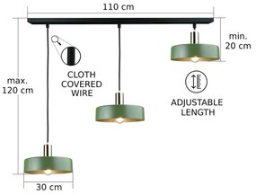 Csillár zsinóron HAKI 3xE27/60W/230V zöld/fekete/fényezett króm