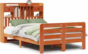 vidaXL barna tömör fenyőfa könyvespolcos ágy matrac nélkül 135 x 190cm