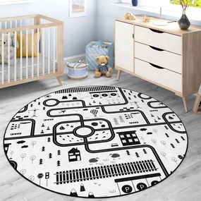 Fekete-fehér mosható gyerek játszószőnyeg ø150 cm In My Town – Mila Home