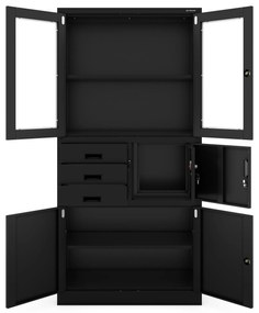 FILIP irodai fémszekrény irattartóval és iratszéffel, 900 x 1850 x 400 mm, fekete színben