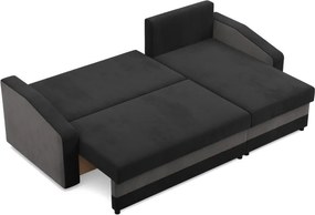 Hewlet sarokkanapé, 2 ágyneműtartóval, szövet anyag, univerzális oldal, hab töltet, fekete - szürke