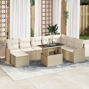 9 Részes Kert Sofa Szett Párnákkal Bézs Poli Rattan, 2-Fős Kert Sofa Párnákkal Bézs Poli Rattan