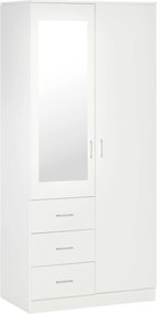 HOMCOM Széfruhás szekrény 2 ajtóval, tükörrel, 3 fiókkal, állítható polcokkal és akasztó rúddal, 80x50x180 cm Fehér | Aosom
