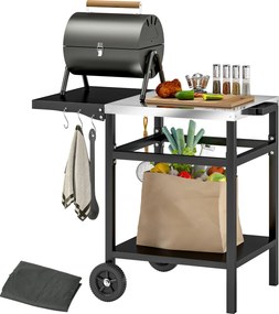 Outsunny Barbecue Kocsi Rozsdamentes Acél Felsővel és Összecsukható Polccal, Kültéri Konyhai Asztal Pizzasütőhöz Kerekekkel, Fogantyúval, 6 Horgokkal