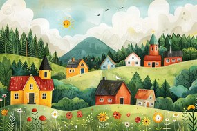 Fotótapéta Flizelina Gyerekek Város Házak Hegyek Nap Erdő 312x219 ragasztó