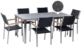 Hatszemélyes fekete gránithatású üveg étkezőasztal fekete műrattan székekkel COSOLETO/GROSSETO Beliani