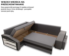 Grande sarokkanapé polcokkal és puffokkal , polc a bal karfaban puffok a jobb karfaban, baloldali, szövet anyag, hab töltet, szürke - fekete