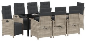 9 darabos kerti étkezőgarnitúra párnákkal, világosszürke poli rattan, fekete kültéri asztal 200x80x73 cm edzett üveggel