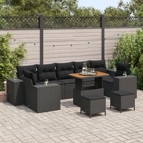10 Darabos Kerti Sofa Szett Párnákkal, Fekete Poli Rattan Akáciával, 3 Darabos Kerti Étkező Szett Párnákkal, Fekete Poli Rattan Akáciával