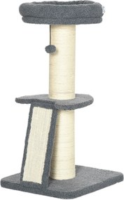 PawHut Macska Kaptár 92H cm Mászófa Karcoló Deszkával és Játék Labdával Vastag Zsákvászon Oszloppal Macska Bútor Rámpával Műszőrme Sötétszürke + Kréms