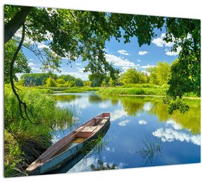 Egy nyári folyó képe hajóval (üvegen) (70x50 cm)