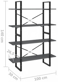 négyszintes szürke tömör fenyőfa könyvszekrény 100x30x140 cm