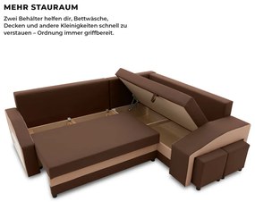 Grande sarokkanapé polcokkal és puffokkal , polc a bal karfaban puffok a jobb karfaban, jobboldali, szövet anyag, bonell töltet, barna