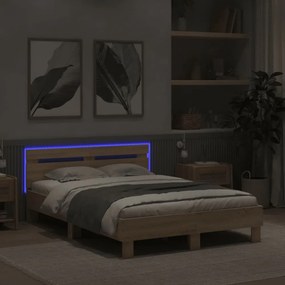 sonoma tölgy színű ágykeret fejtámlával és LED-del 120x200 cm