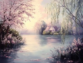Vászonkép Canvas Tájkép Tavasz Víz Tó Fűzfa Cseresznye 100x75