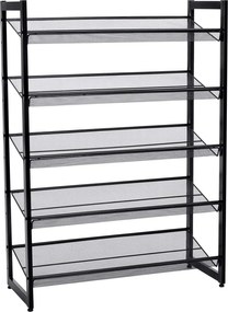 Cipőtartó polc 5 szintes fém háló polcokkal, fekete 74x30x104cm