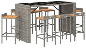 9 részes szürke polyrattan és tömör akácfa kerti bárszett