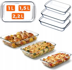 3x Hőálló Edény Téglalap Alakú Üveg Edénykészlet 1L 1,5L 2,2L
