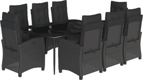 vidaXL 9 részes fekete polyrattan kerti étkezőgarnitúra párnákkal