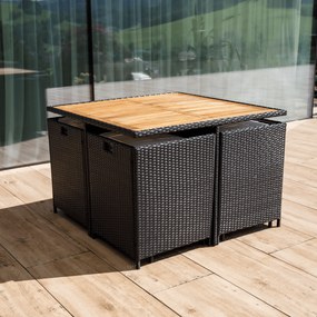 Kerti rattan szett, akácfa, fekete/krémszínű/természetes, MELFORD