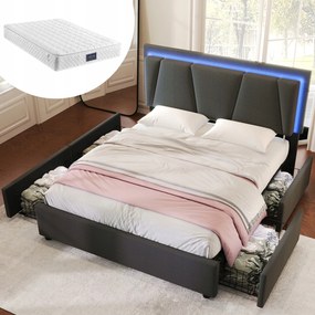 Kárpitozott ágy Led világítással 4 fiókkal szürke160x200cm matrac