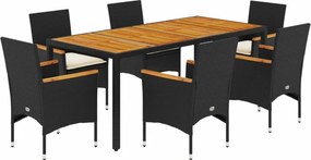 vidaXL 7részes fekete polyrattan/akácfa kerti étkezőgarnitúra párnákkal