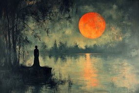 Vászonkép Canvas Tájkép Tó Hold Figura Nő Éjszaka 60x40