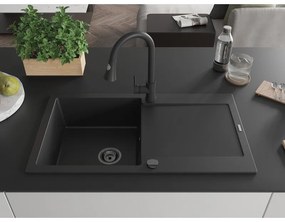 Mexen Leo, 1 kamrás gránit mosogató 900x500x190 mm és Elia mosogató csaptelep, fekete, 6501-77-670101-70-B
