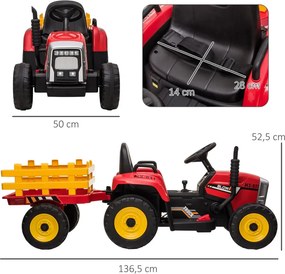 HOMCOM Elektromos gyerekautó, gyerek traktor, szülői távirányítóval, max. 6 km/h sebesség; piros-fekete