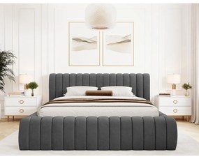 Sötétszürke kárpitozott ágyneműtartós franciaágy ágyráccsal 140x200 cm Carilla – ELTAP