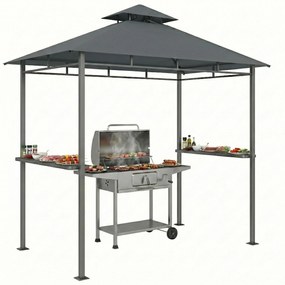 Outsunny grillező pavilon 2,4 x 1,4 m — szélálló dupla szellőzőtető, oldalsó polcok, UV-ellenálló, sötétszürke | Aosom