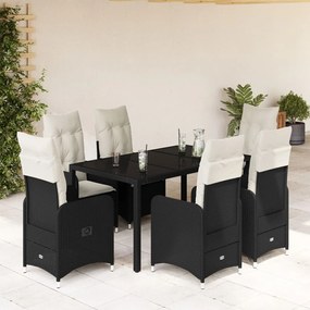 7 részes fekete polyrattan kerti bisztrógarnitúra párnákkal
