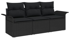 3 darabos kertkanapé szett párnákkal fekete poli rattan, 2 férőhelyes kertkanapé tárolóval és párnákkal fekete poli rattan
