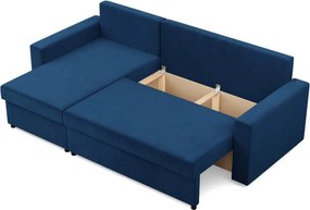 Zeus sarokkanapé, 2 ágyneműtartóval, egyenes kartámasz, bársony, univerzális oldal, bonell töltet, kék