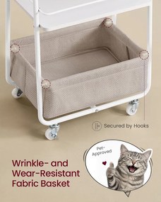 Gurulós tárolókocsi textil kosárral, 3 szintes kerekes tárolókocsi polcokkal, felhőfehér és tevebarna